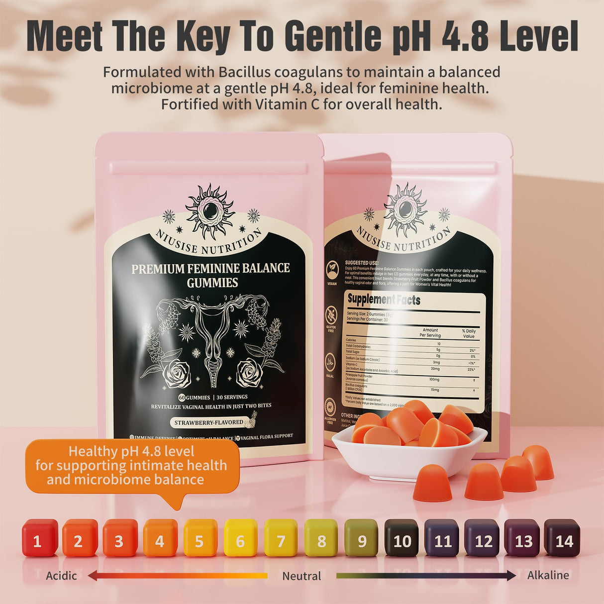 NIUSISE Feminine Balance Gummies, Premium Balance Supplement for Women PH Health, Immune Support, Energy Support, Vegan, Gluten-Free, Strawberry Flavor, 120 Gummies, 60 Servings 2 Pack