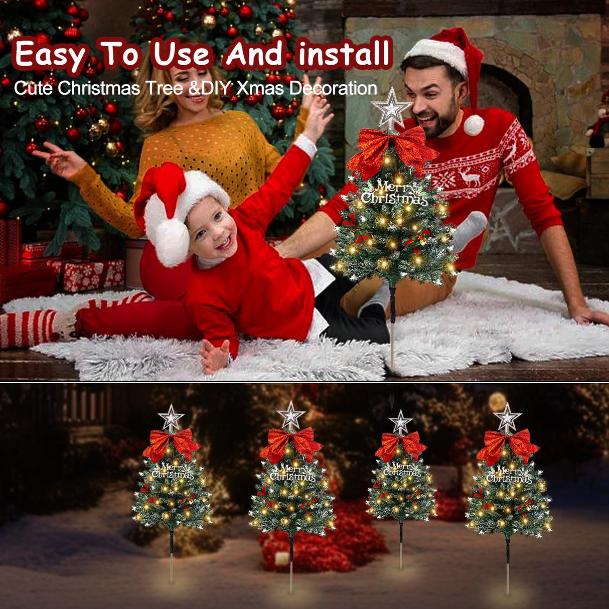 4 Pack Christmas Tree Solar Pathway Lights Outdoor Decorations, Waterproof Artificial Mini Xmas Tree Stake Lights with DIY Ornamets for Garden Yard Porch Decor (Snowy Tree)