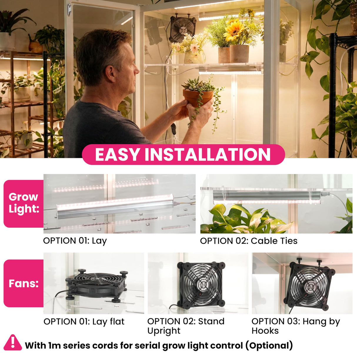 LUVCOSY 4 Pack T5 Grow Light Strips + 2 Pack USB Fans for Indoor Plants, Accessories Set for Indoor Greenhouse Cabinet for IKEA, Full Spectrum Sunlight Grow Lamp & Silent Portable Cooling Fan-ALL IN 1