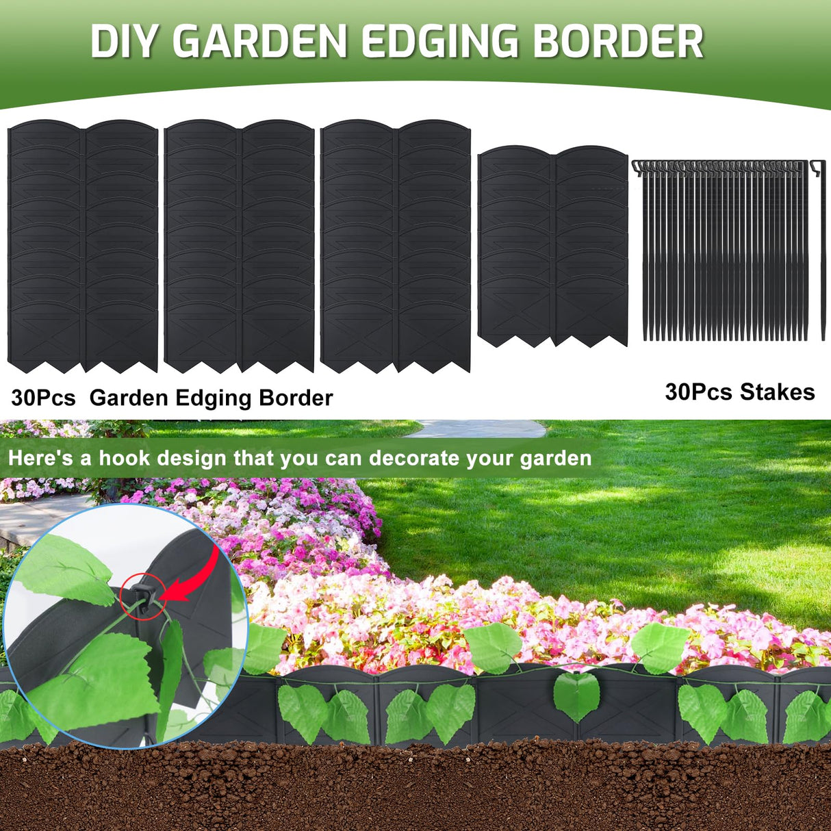 Vashly No-Dig 30Ft Landscape Edging,6 Inch Tall Garden Edging Garden Edging Border, 30Pcs Flower Bed Edging Border with 30Pcs Stakes