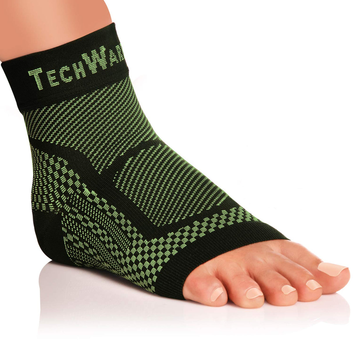 TechWare Pro Ankle Brace Compression Sleeve - Relieves Achilles Tendonitis, Joint Pain. Plantar Fasciitis Foot Sock with Arch Support Reduces Swelling & Heel Spur Pain. (Black/Green, L/XL)