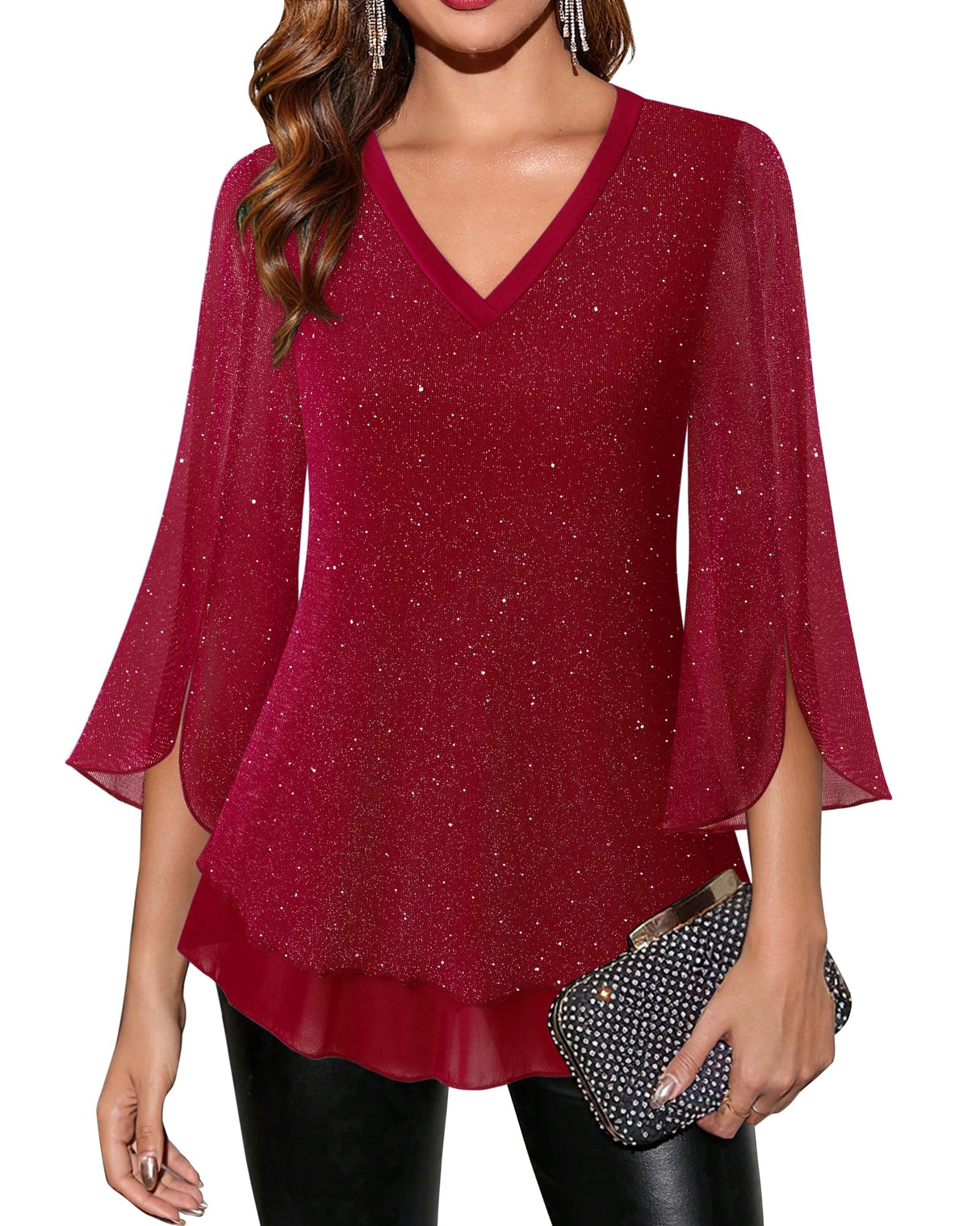 Timeson Womens Christmas Tops: Sparkly 3/4 Sleeve Night Out - Womens Blouses Dressy Casual - Fashion Fall Shirts Red Tunics Holiday Clothes Plus Size Date Outfits Fancy Festive Attire Loose Fit XL