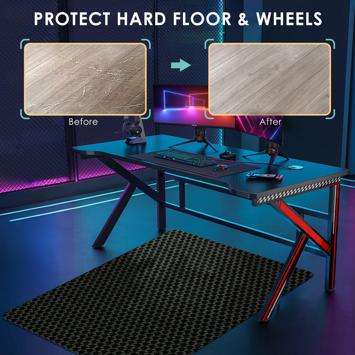 Vicwe Office Chair Mat for Hard Floor, 48""x36"" Anti-Slip PVC Computer Chair Mat for Gaming, Easy Glide for Chairs, Multi-Purpose Floor Protector Desk Chair Mat for Home Office, Black