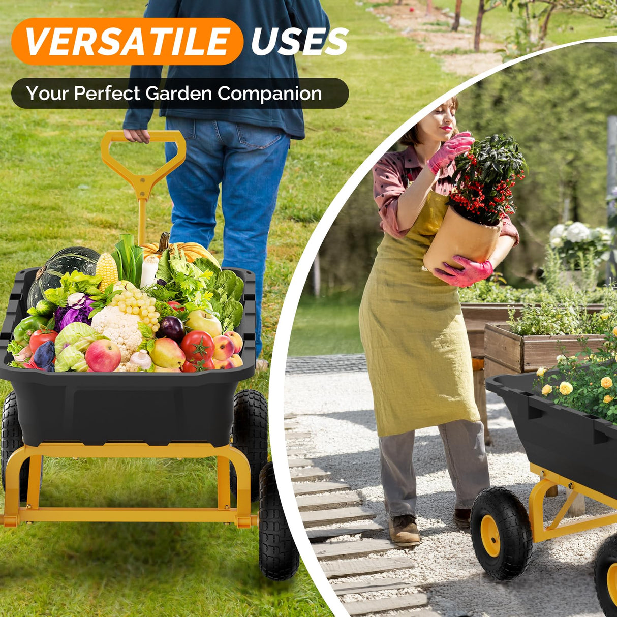 VINGLI Heavy Duty Dump Cart Wagon, 770LBS Quick-Release Dump Poly Wheelbarrow, 10in All-Terrain Pneumatic Tires Garden Wagon for Garden, Yard, Beach