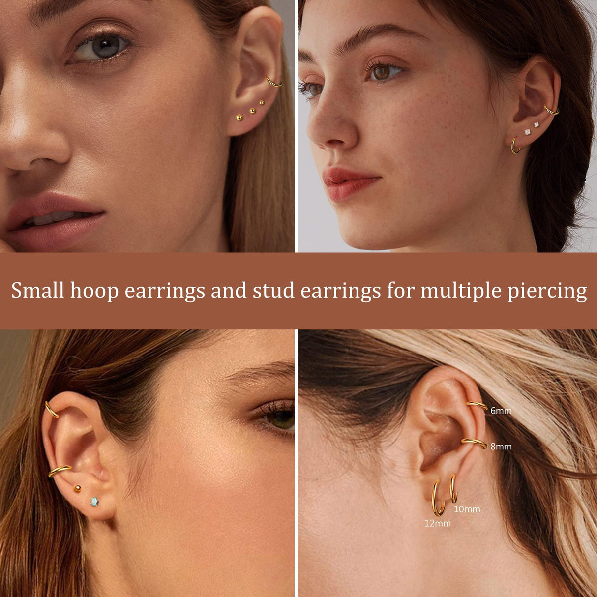 Hypoallergenic Titanium Earrings for Sensitive Ears 14K Gold Plated Opal Ball CZ Heart Flat Back Earrings for Women Men Small Surgical Steel Flatback Stud Hoop Cartilage Earring Set for Multiple Piercing (D-Gold Tone-16Pairs)