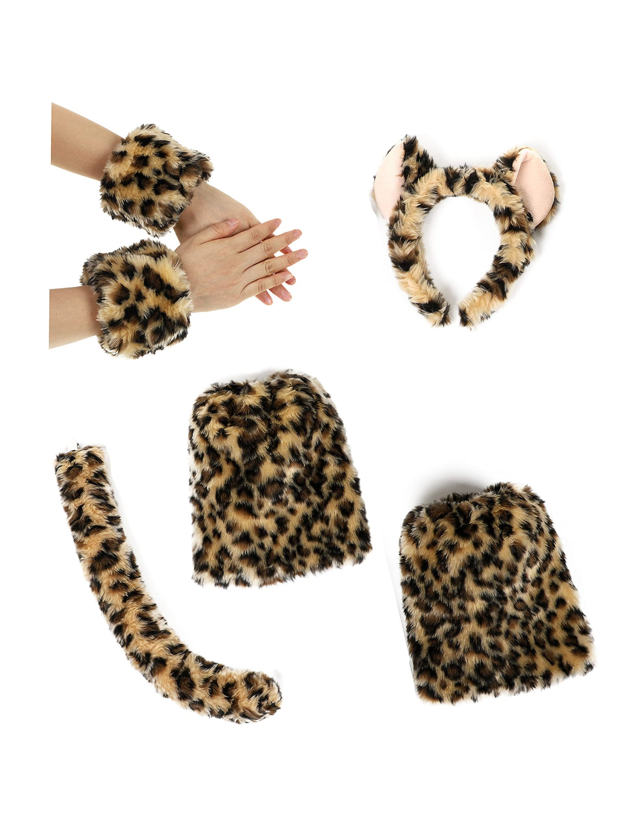 Soul Young Wolf Reindeer Lion Faux Fur Ears and Tail Halloween Costume Party Cosplay Christmas Animal Accessory Set (4pcs Leopard)
