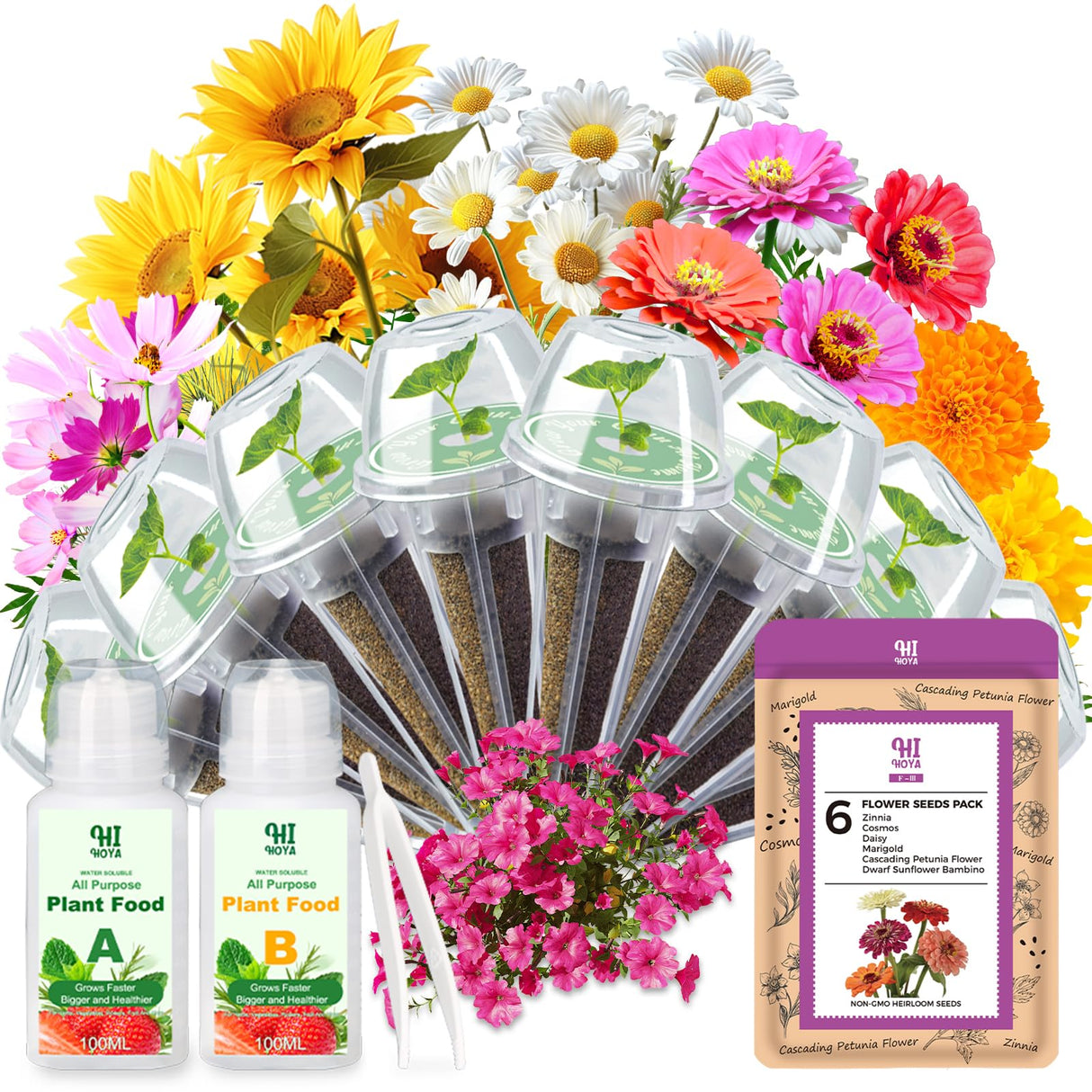 Flower Seed Pods for All Hydroponics Growing System, 8 Pods with 600+ Seeds of Marigold, Zinnia, Cosmos, Dwarf Sunflower, Morning Glory and Daisy