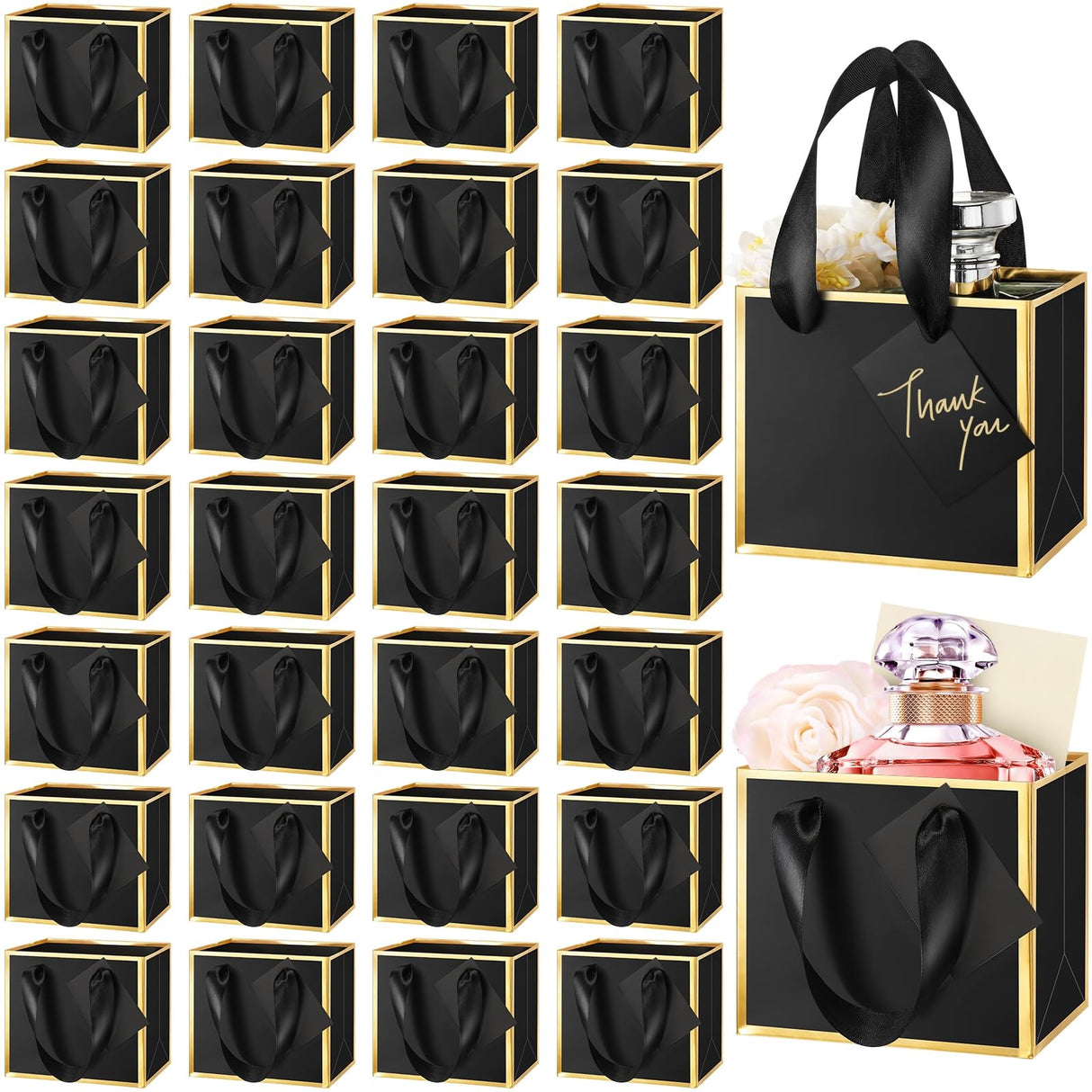 Yeaqee 50 Pcs Mini Metallic Foil Gift Bags with Handles 4x4.75x2.25'' Tiny Thank You Favor Bag with Tag for Christmas Fall Thanksgiving Welcome Wedding Baby Shower Birthday Party(Black, Gold)