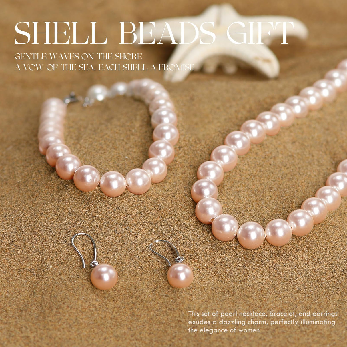 AOOVOO Pink Pearl Necklace Set for Women, 8mm Round Shell Pearl Includes Stunning Bracelet and Dangle Earrings 3 Piece Jewelry, Birthday Wedding Gifts for Her