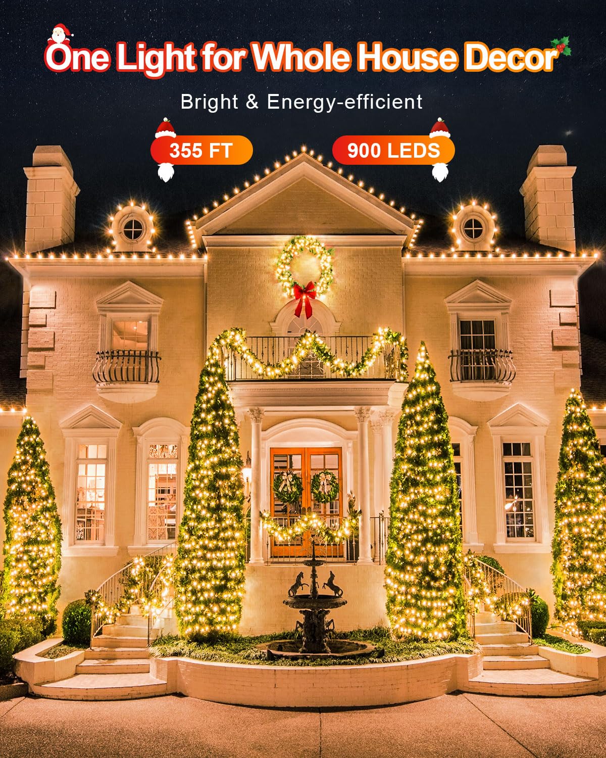 JIXXULVU 355FT 900LED Christmas Lights, Extra Long Outdoor String Lights Waterproof, Timer & Memory, 8 Modes Dimmable Plug in Fairy for Classroom Outside Tree Wedding Patry Warm White