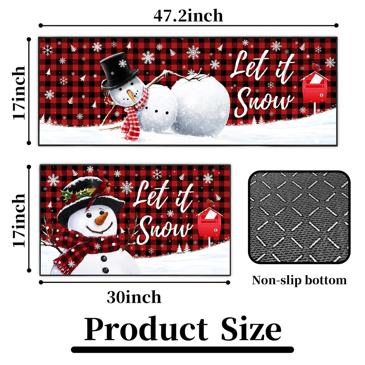 JWXCBIM Let It Snow Christmas Snowman Kitchen Rugs and Mats Set of 2, Buffalo Plaid Winter Snowflake Xmas Holiday Home Kitchen Decor Floor Mats, Washable Non-Slip Sink Carpet 17x30+17x47 Inches