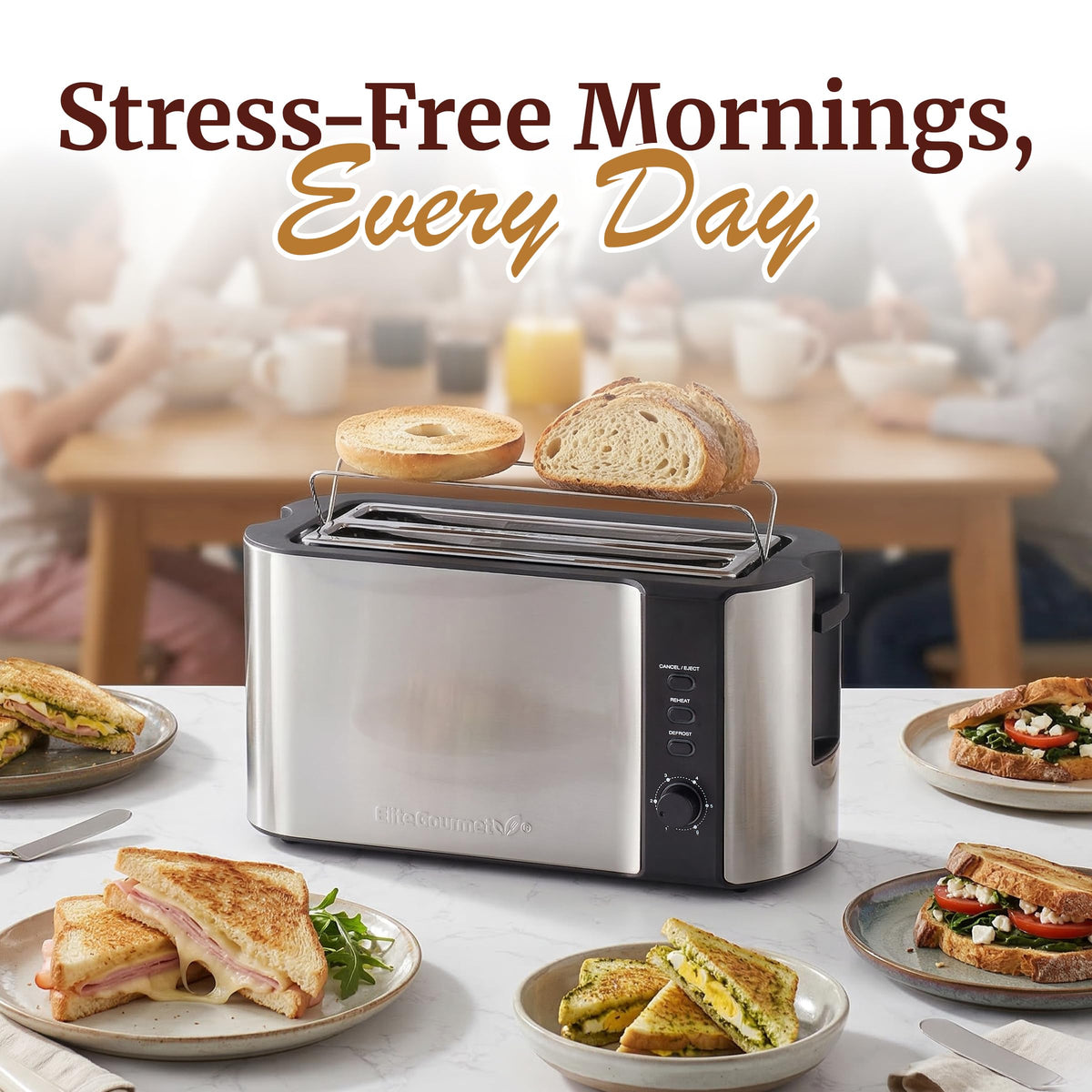 Elite Gourmet 4-Slice Long Slot Toaster, 1.5" Wide Slots, 6 Browning Levels