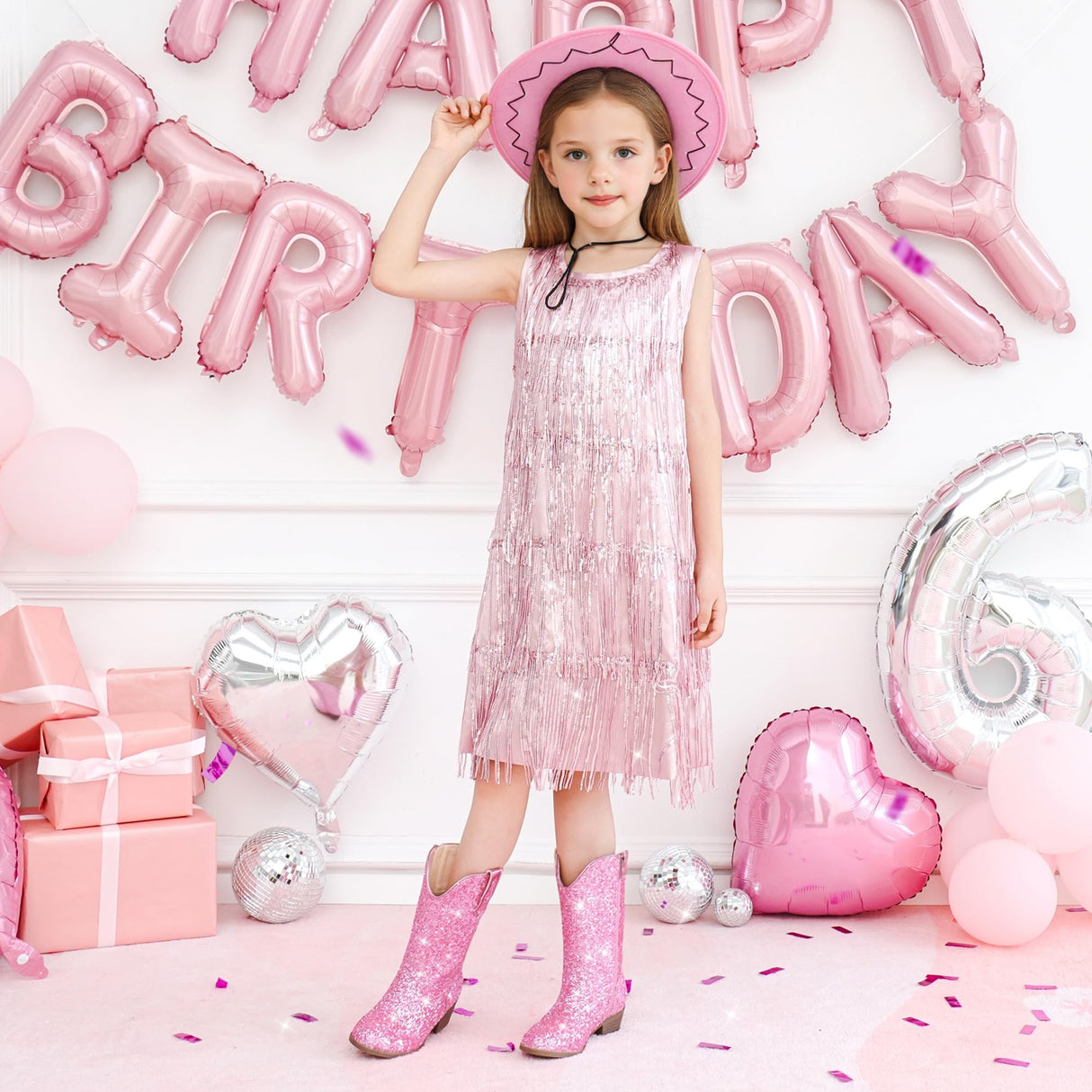 Motasha Cowgirl Boots For Girls Sparkle Girl Cowboy Boots Big Kids Glitter Sequin Dress Toddler Girls' Boot Dressy Western Sparkly Pink 8 Year Old Size 1 Christmas Halloween(M7122 Sequins Pink 1)