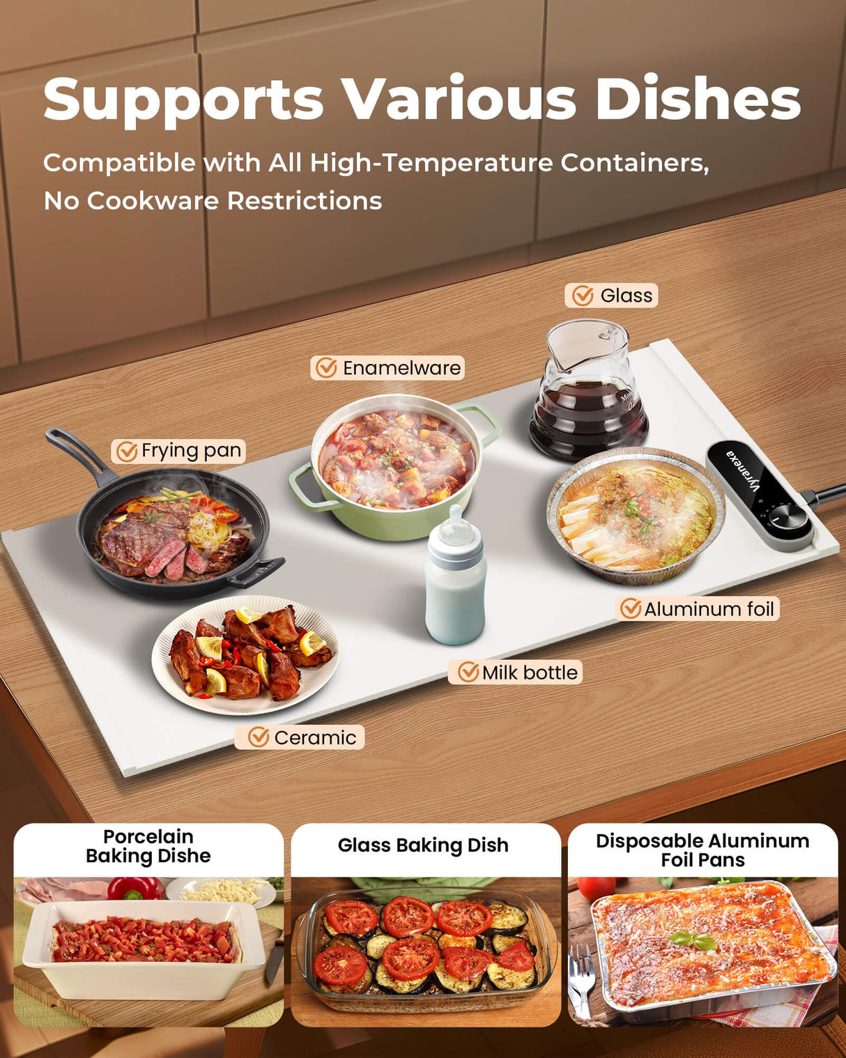 Warming Mat for Food - Space-Saving, Fits Two Baking Dishes, 7 Temp Settings, 4h Auto Shut-Off, Durable Silicone Surface, Easy to Clean, Perfect for Parties and Everyday Use (White, Medium)