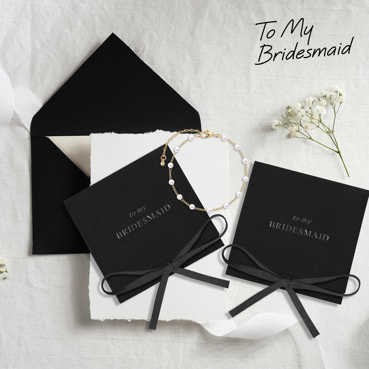 Quelay 16 Pcs Pearl Bridesmaid Bracelet Gift,Black, Gold;Bow Tie
