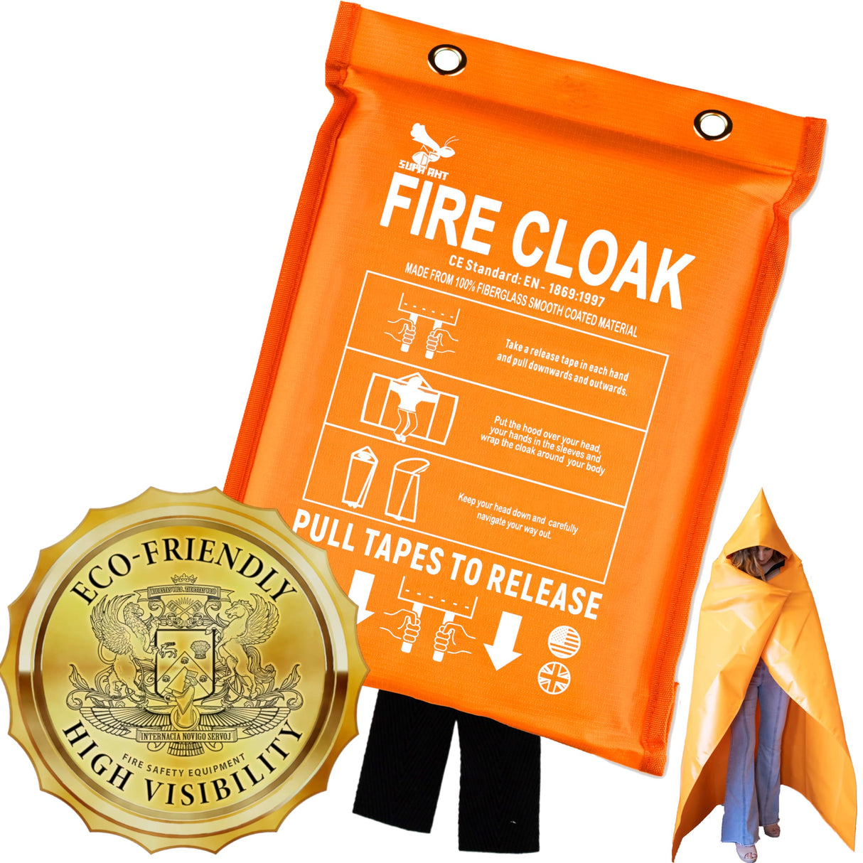 Supa Ant Silicone Fire Cloak for Fireproof Suit Emergency Blanket for Home and Kitchen - Emergency Poncho as Heat Shield Blanket -Fire Resistant Hoodie-Escape Suit with Cape and Hood (70x55 in.-Large)
