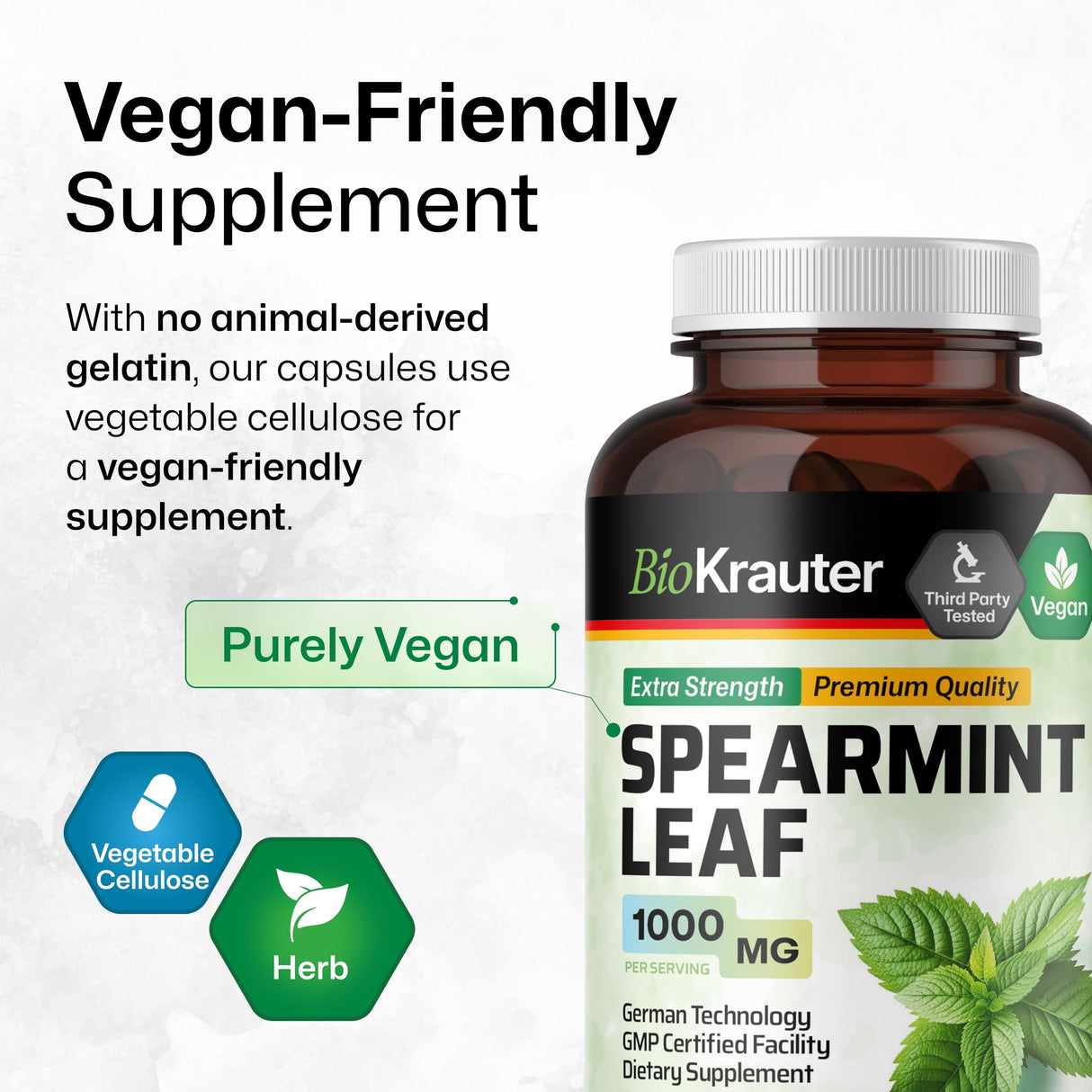 BIO KRAUTER Spearmint Capsules 1000 mg - 250 Count - Vegan Spearmint Supplement for Digestive & Respiratory Support - Mentha Spicata - No Fillers