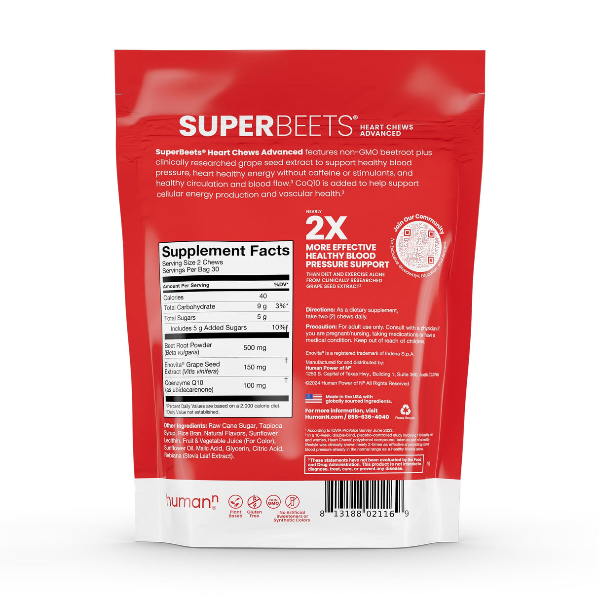 humanN SuperBeets Heart Chews Advanced - 3-in-1 Formula with Beetroot, Grape Seed Extract, & CoQ10, 60 Count