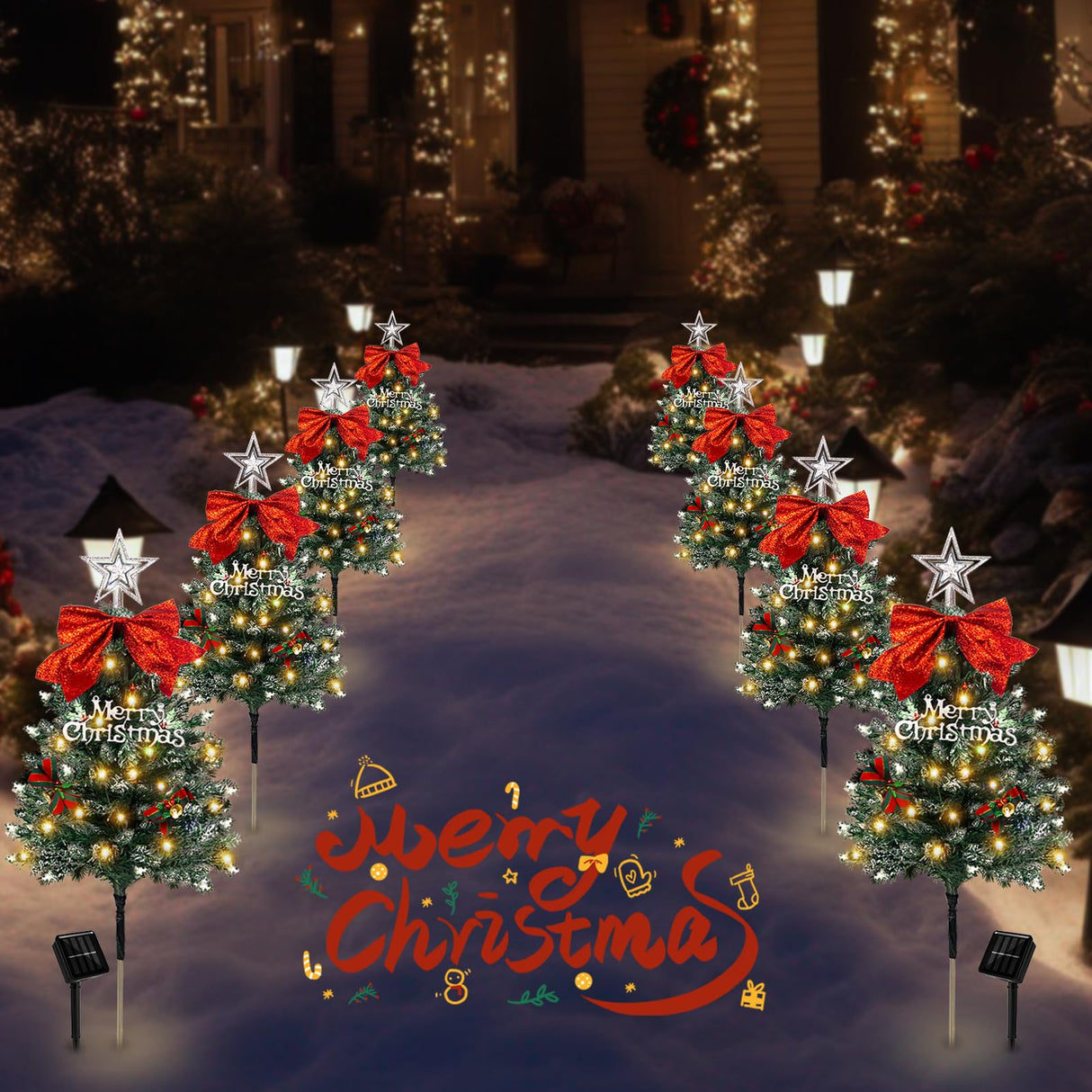 4 Pack Christmas Tree Solar Pathway Lights Outdoor Decorations, Waterproof Artificial Mini Xmas Tree Stake Lights with DIY Ornamets for Garden Yard Porch Decor (Snowy Tree)