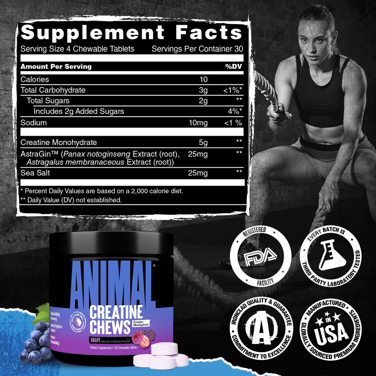Animal Creatine Chews Tablets - Enhanced Creatine Monohydrate with AstraGin to Improve Absorption, Sea Salt for Added Pumps, Delicious and Convenient Chewable Tablets - Grape