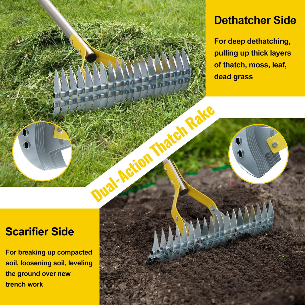 Thatch Rake, 2 in 1 Stainless Steel Garden Rake for Thatch Leaves,55” Heavy Duty 19 Tines Lawn Manual Dethatcher with Adjustable Head,Thatching Rakes for Lawn Yard Grass,Debris Removal, Soil Loosen