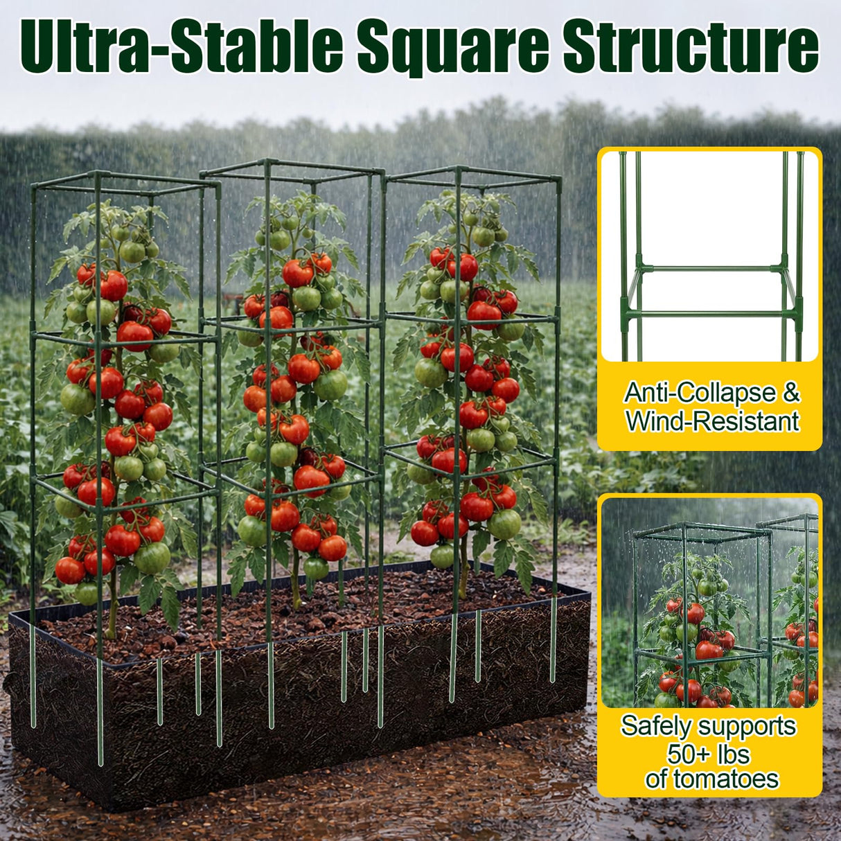 BobbleT 3 Pack Heavy Duty Tomato Cages with 86 Gallon Grow Bag, 41" Adjustable Tomato Trellis for Raised Garden Bed, Sturdy Square Plant Support for Climbing Vegetables, Cucumbers & Garden Plants