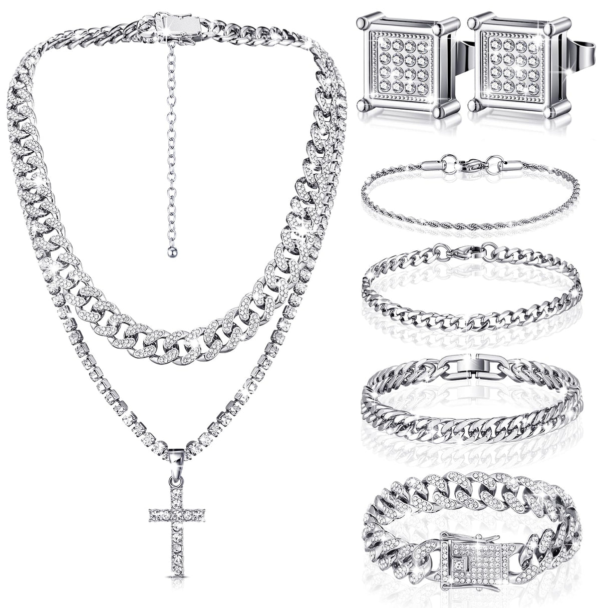 Yinkin 6 Pcs Men Jewelry Set Hip Hop Diamond Chain Bracelet Set, Silver