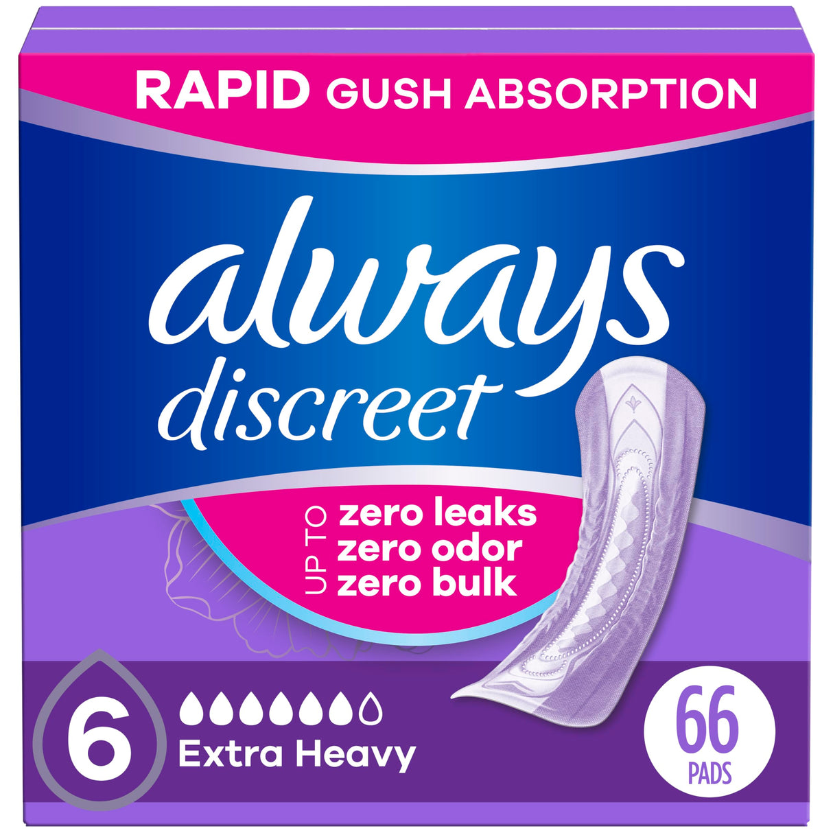 Always Discreet Adult Incontinence Pads for Women, Extra Heavy Absorbency, Regular Length, Postpartum Pads, Up to 100% Bladder Leak Protection, 33 Count x 2 Packs (66 Count Total) (Packaging May Vary)