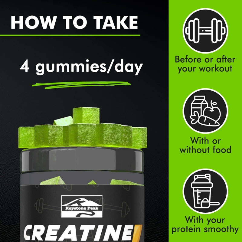 Keystone Peak Keystone Peak KP Creatine Monohydrate Gummies Apple for Men & Women, 100% Creatine Apple Gummies, 5g per Serving + Vegan, Sugar Free + Strength, Energy, Muscle & Booty Gain - 120 Count