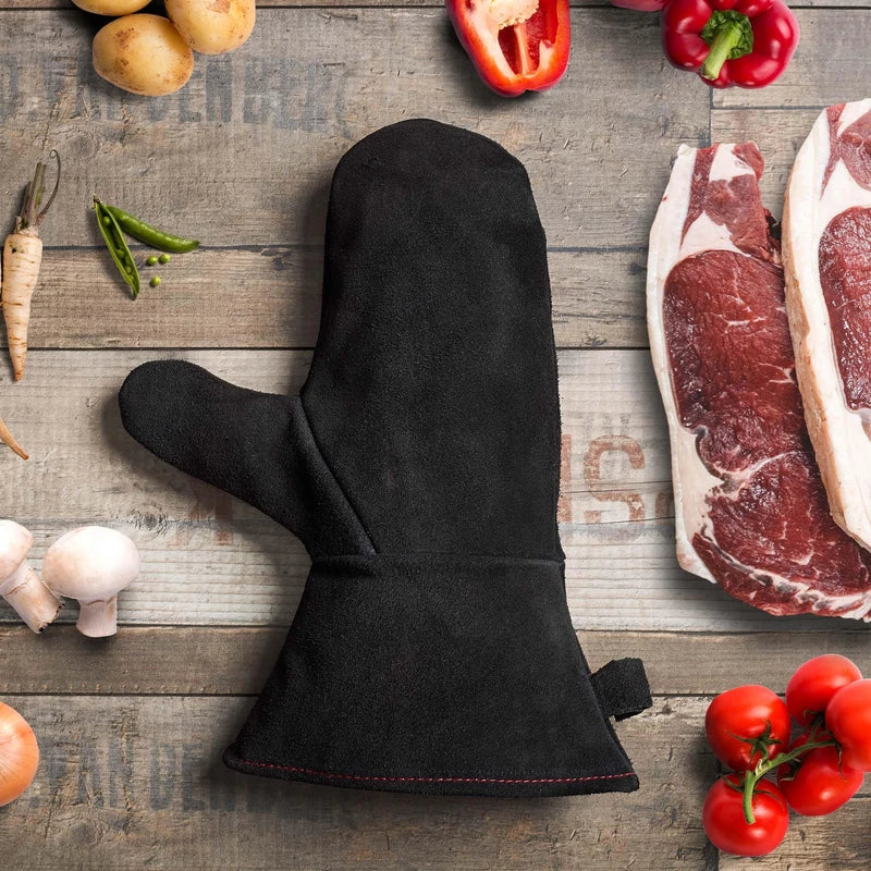 Achilles Fireplace Gloves, Oven Gloves, Grill Gloves, Fireproof Made of Leather with Thermal Insulation, Black