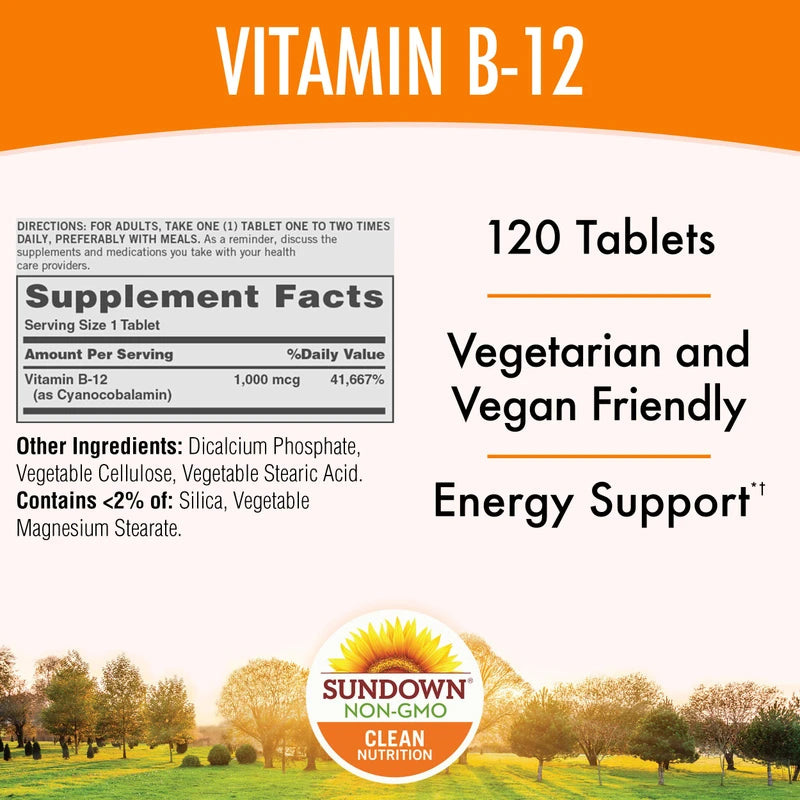 Sundown Vitamin B-12, Cellular Energy Support, Vegetarian, Vegan-Friendly 1000 mcg, ) Non-GMO, Free of Gluten, Dairy, Artificial Flavors 120 Count (Pack of 1)