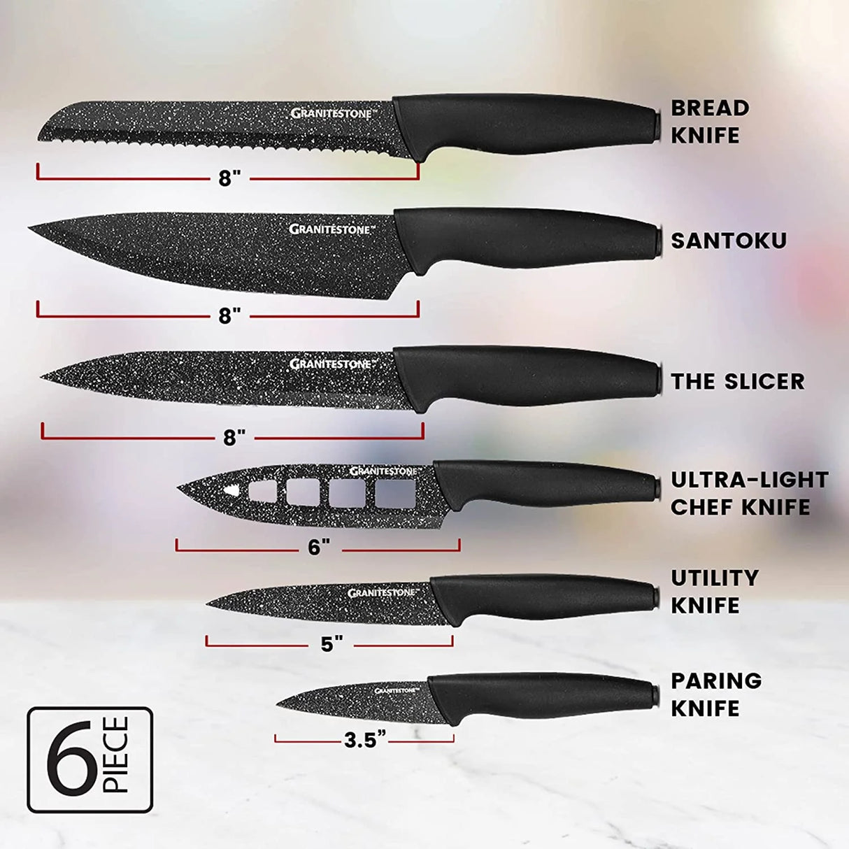 Granitestone Nutriblade Knife Set, High Grade Professional Chef Kitchen Knives Set, Toughened Stainless Steel with Nonstick Mineral Coating, Rubberized Ergonomic Grip, Dishwasher Safe
