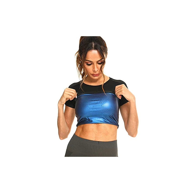 Nanooer Sauna Shirt for Women, Neoprene Free Compression Shirts for Women Daily Exercise, Womens Short Sleeves Heat Trapping Workout Shaper Sauna Slimming T-shirt (Blue, Large)