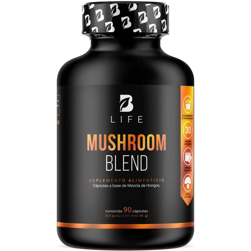 Mezcla de Hongos Adaptógenos con Melena de León, Reishi, Cordyceps, Chaga y Cola de Pavo | Mushroom Blend B Life | 90 Cápsulas con 1500 mg por Porción | Ingredientes Naturales para el Bienestar Integral