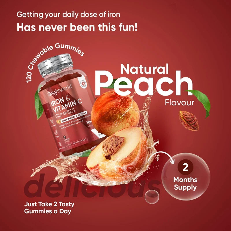 Iron Gummies with Vitamin C - 28mg - 120 Ferrous Fumarate Gummies (2 Months Supply) - Tasty Alternative to Iron Tablets - Immunity & Energy Supplements - Vegan Iron Supplements for Women & Men