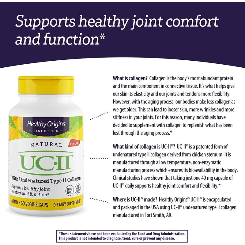Healthy Origins UC-II, 40 mg - Premium Collagen Supplement for Joint Health, Mobility & Flexibility - Undenatured Type II Collagen - Gluten-Free & Non-GMO Supplement - 60 Veggie Caps
