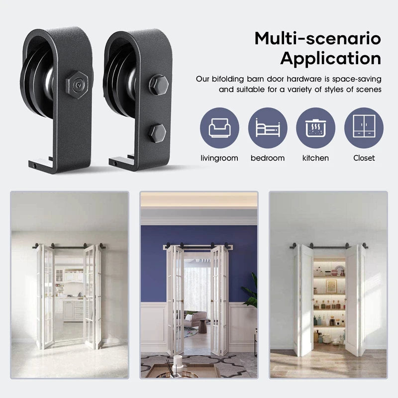 FINOSEN 100 inch Bifold Barn Door Hardware Track Kit for Four 24 inch Closet Doors,Top Mount Sliding System,Heavy Duty Roller,Smoothly and Quietly,Black(Bifold Door Not Included)