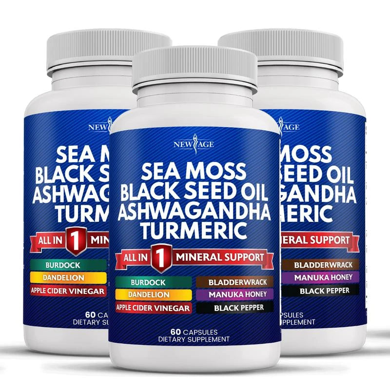 New Age Sea Moss 3000mg Black Seed Oil 2000mg Ashwagandha 1000mg Turmeric 1000mg Bladderwrack 1000mg Burdock 1000mg- with Manuka, Honey Dandelion, ACV Black Pepper Gluten Free Healthcare Supplement Dietary Edible - Size: 5 Bottles