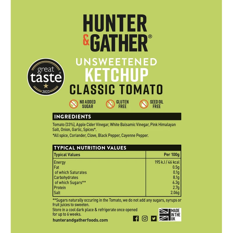 Hunter & Gather Unsweetened Ketchup Sauce | 350g Classic Ketchup Keto, Paleo, Low Carb & Vegan Friendly | Free from Added Sugar & Sweeteners