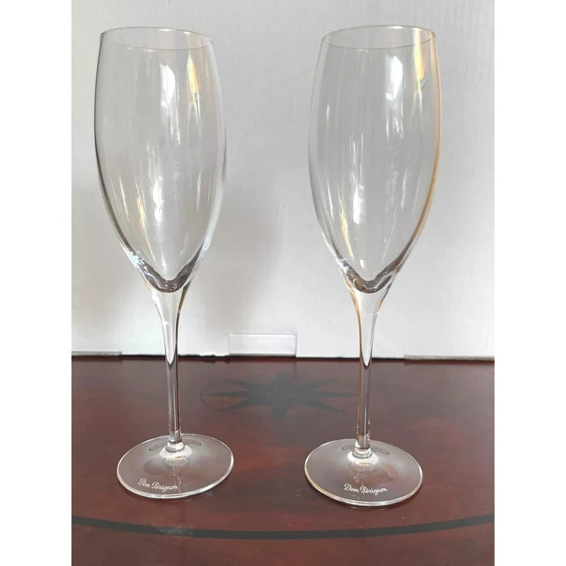 Dom Perignon Signed DOM PERIGNON Crystal Etched SHIELD LOGO 9 1/8" CHAMPAGNE FLUTES Set Of 2
