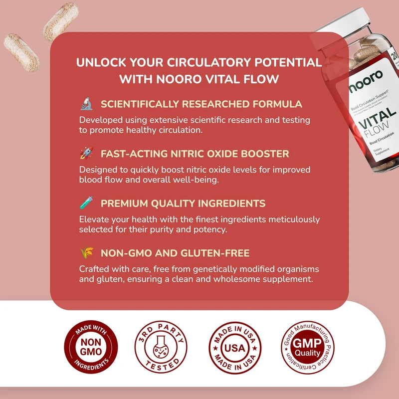 nooro Vital Flow Advanced Blood Circulation Supplement with Nitric Oxide Boost, Vitamin D3, Magnesium, Probiotic Blend, Veins Support Non-GMO and Gluten Free 120 Capsules