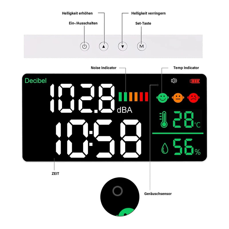 5-in-1 Decibel Meter Wall Mounted DB Meter Sound Level Meter 30-130dB 11 Inch Large LED Display Noise, Time, Temperature & Humidity Meter for Home (Db Meter 2000 mAh)