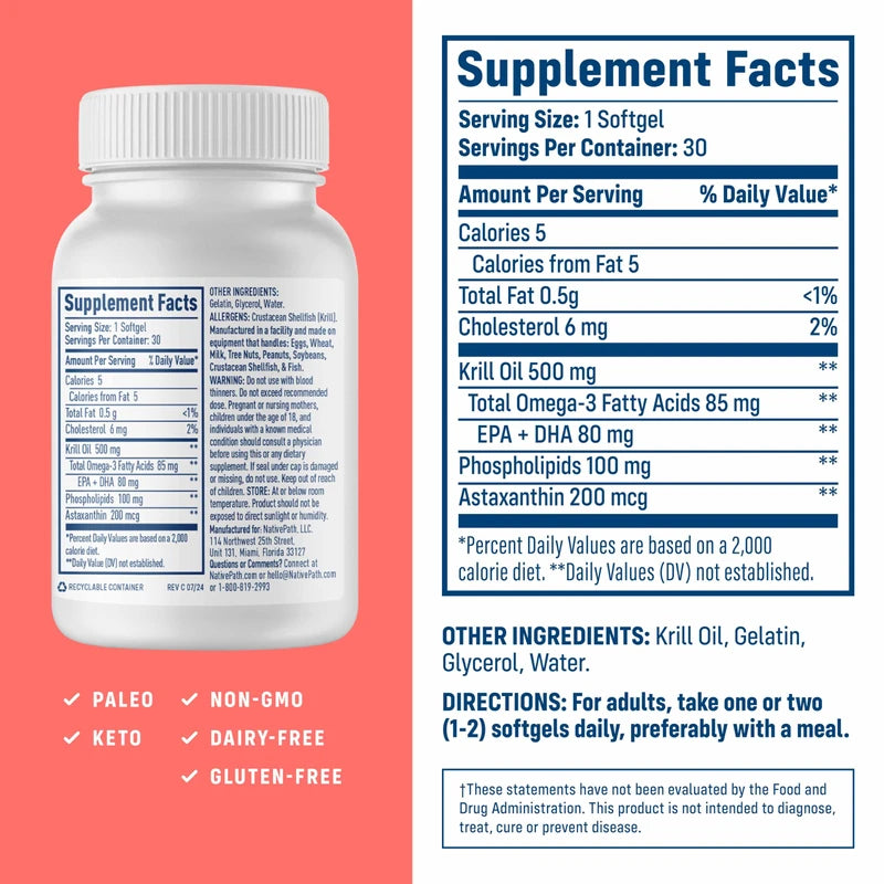 NativePath NativePath: Antarctic Krill Oil - Wild-Caught Krill Omega-3 Fatty Acids with EPA and DHA - 30-Day Supply - Supports Your Joint, Heart, Brain and Immunity - Pure Formula, No Fishy Taste