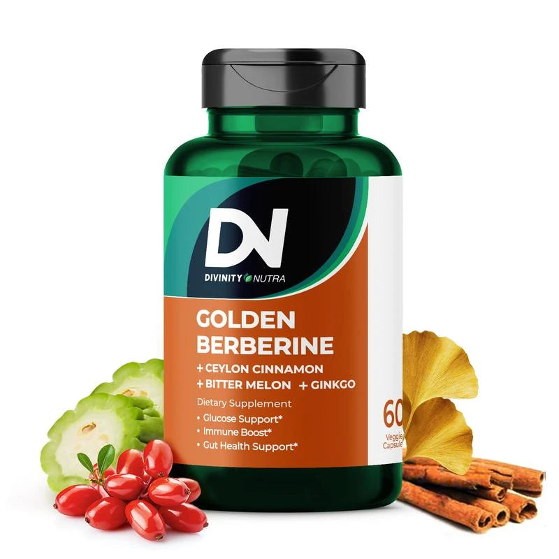 DN Berberine 1500mg Supplement - 4-in-1 Glucose Support with Ceylon Cinnamon, Bitter Melon & Ginkgo for Gut Health & Metabolism, 60 Capsules by Divinity Nutra