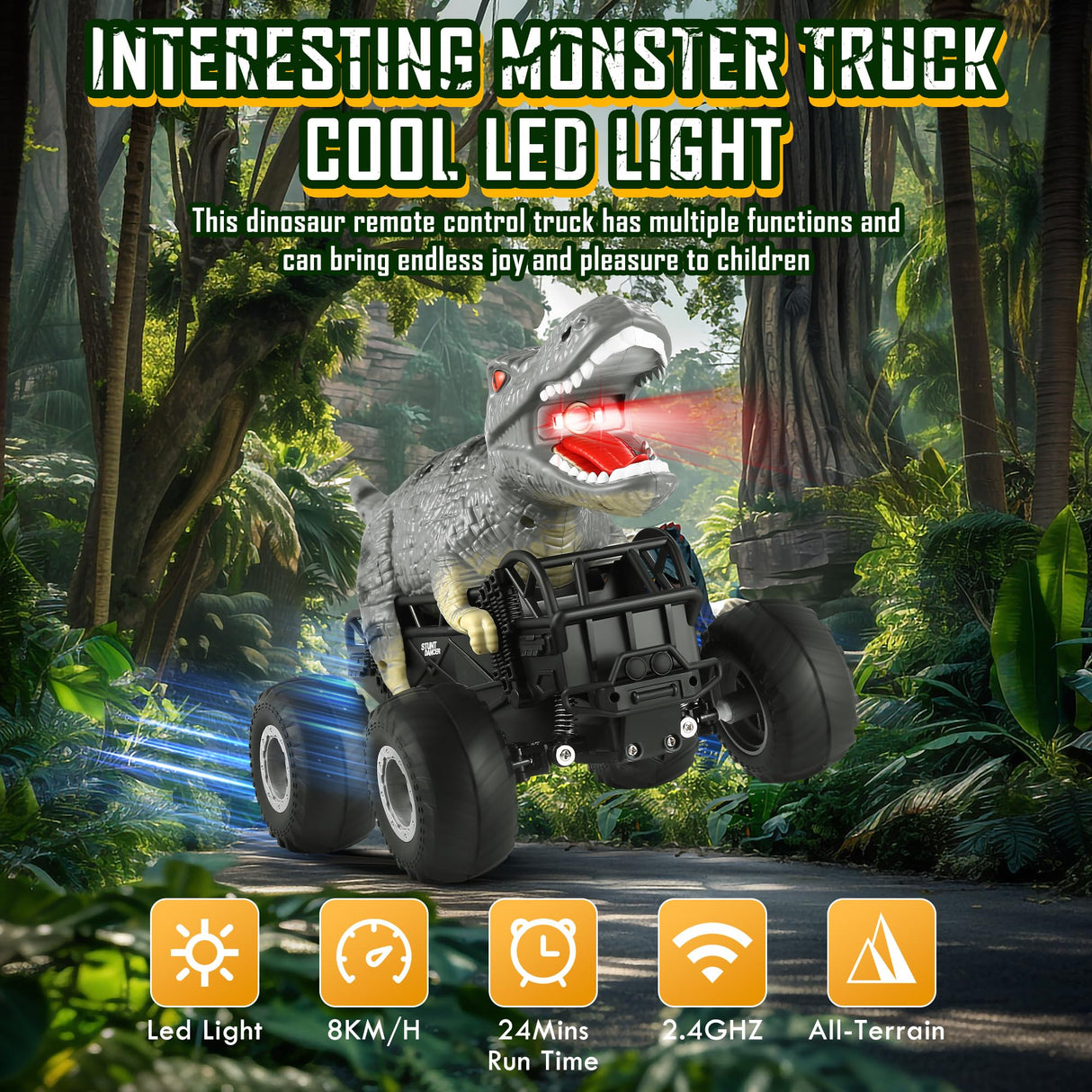 Manercey Remote Control Car, 2.4GHz 1:18 RC Cars With Light, 98FT 8KM/H 2-Rechargeable Battery, All Terrain Monster Remote Control Truck Toy, Dinosaur Monster Trucks for Boy Age 4-7, Kid 6+, Christmas