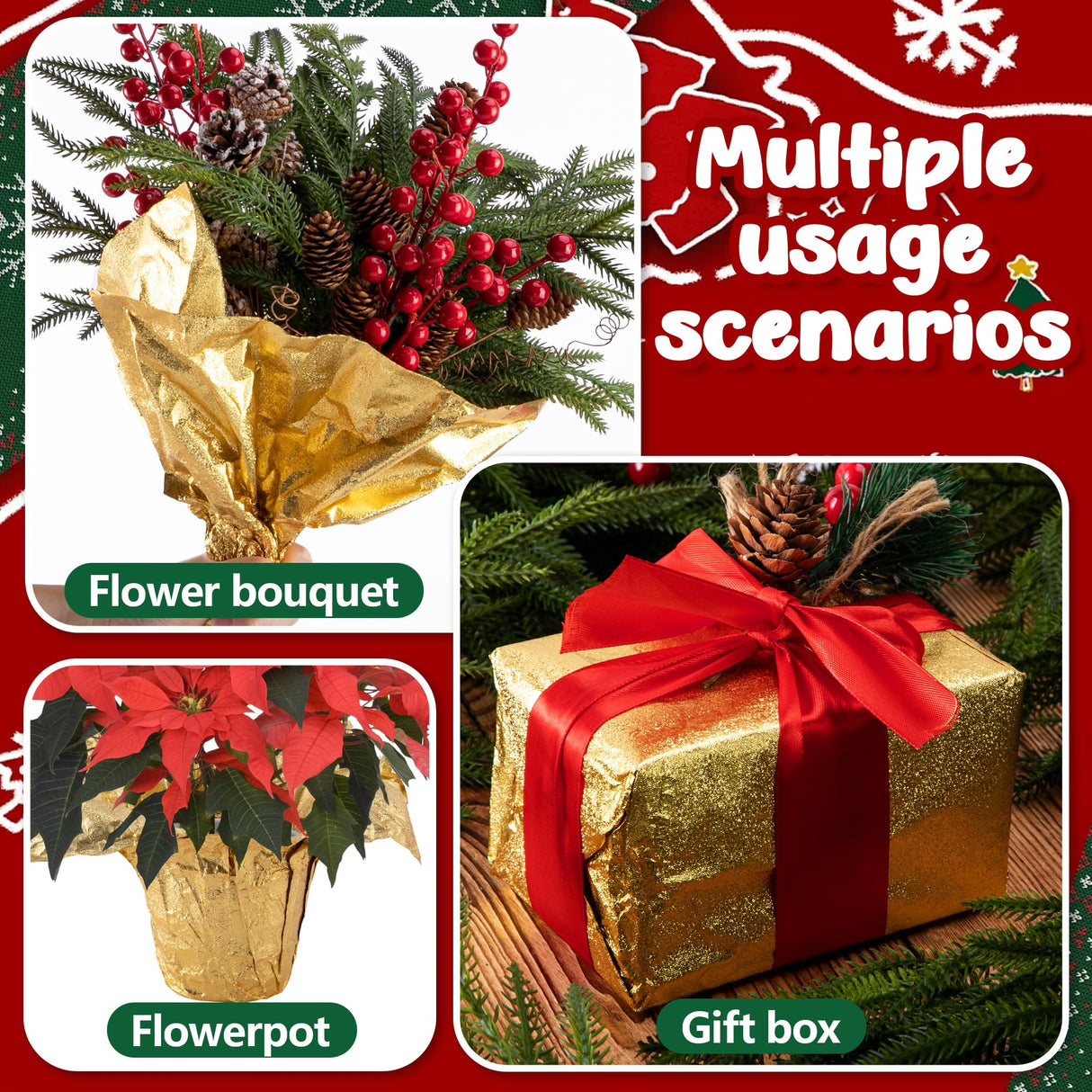 Adnee 2 Roll 10 Yard Floral Foil Plant Pot Covers,Matte Texture Christmas Plant Pot Foil,Golden Floral Pot Wrapping Paper for Christmas Home Flower Pot DIY decor