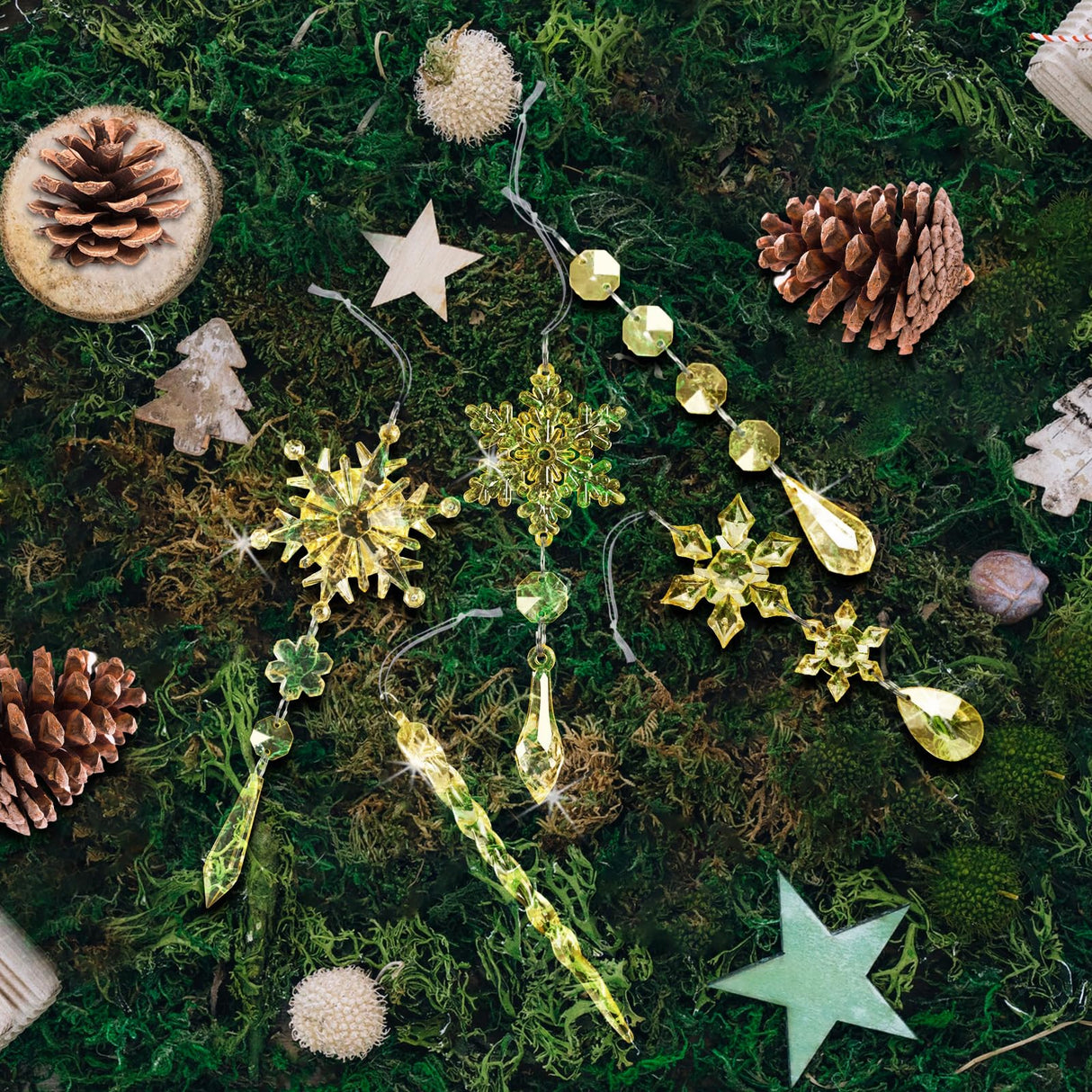 18pcs Crystal Christmas Ornaments for Christmas Tree Decorations-Gold Hanging Acrylic Snowflake and Icicle Ornaments with Drop Pendants for New Year Party Decorations Supplies