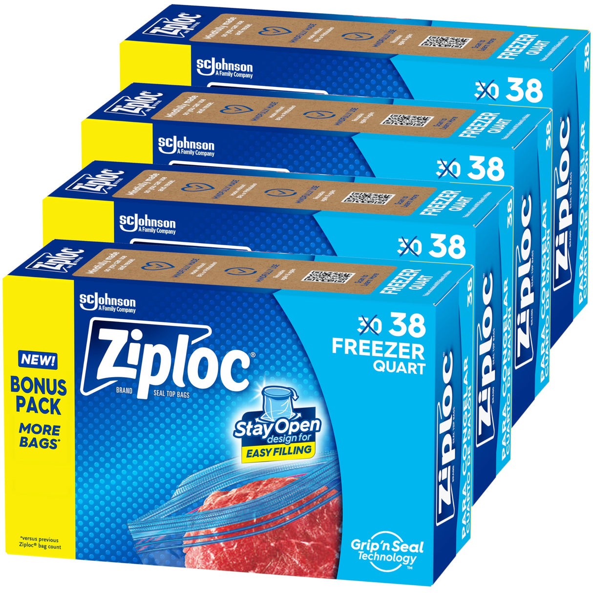 Ziploc Quart Freezer Storage Bags, Stay Open Design, Easy to Fill, 38 count, 4 Pack, 152 Total