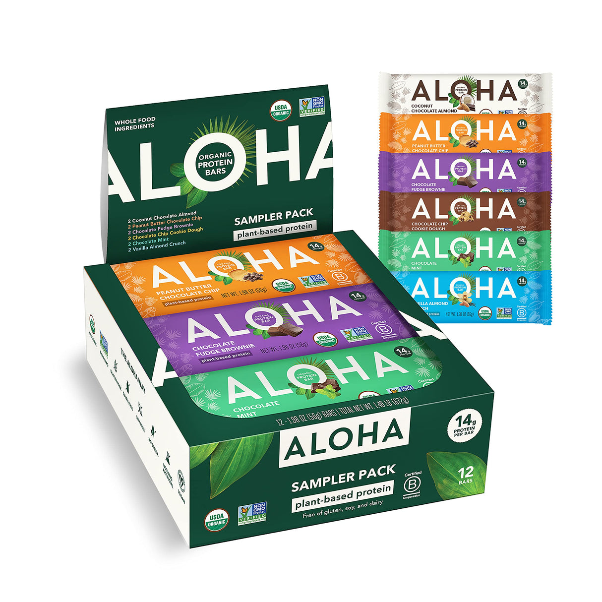 ALOHA Organic Plant Based Protein Bars - 6 Flavor Variety Pack - 12 Count, 1.9oz Bars - Vegan Snacks, Low Sugar, Gluten-Free, Low Carb, Paleo, Non-GMO, Stevia-Free, No Sugar Alcohol Sweeteners