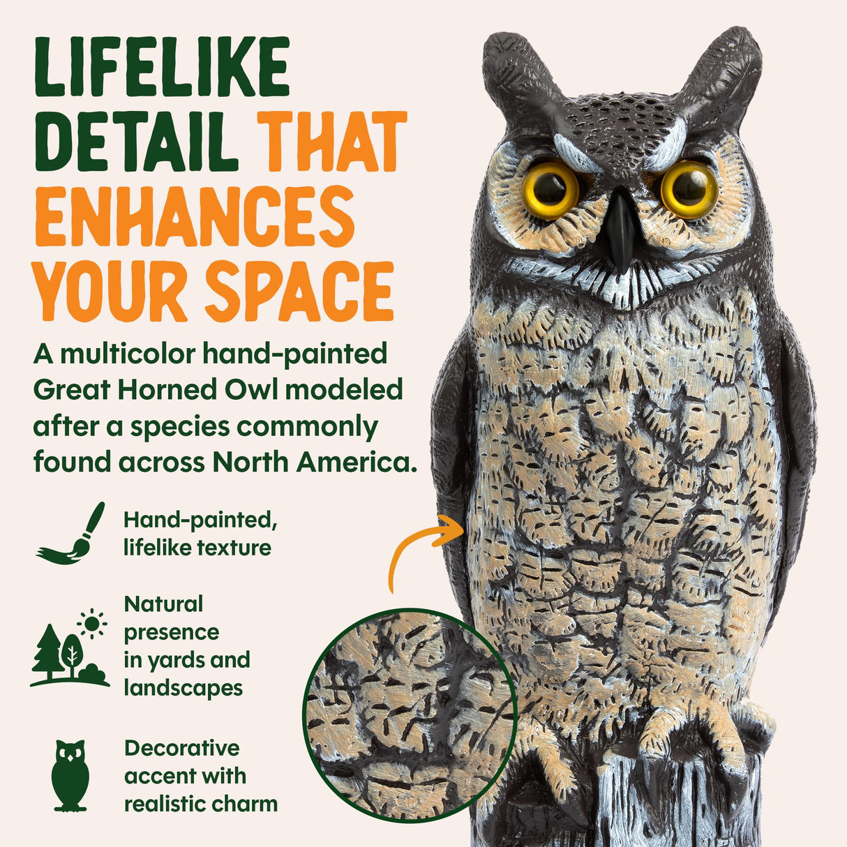 Dalen Lifelike Great Horned Owl Decoy Bird Repellent - 16in Hand-Painted Scarecrow for Gardens & Rooftops, Bird Deterrent, Fixed-Head Design, Fill Base with Sand/Gravel Only - Multicolor